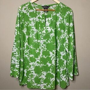 George By Mark Eisen Blouse Women 1X 16W Green White Floral Short Sleeve Office